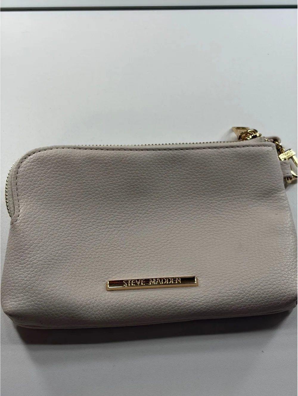 Steve Madden Beige Leather Wristlet Clutch with Dual Zipper Pockets